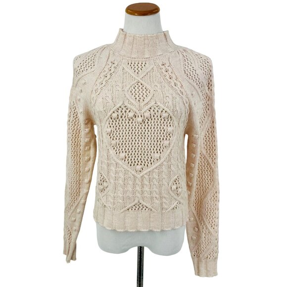 Free People Cozy Cream Cable-Knit Mock Neck Heart Sweater - Picture 2 of 15